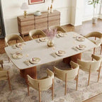 Table à manger rectangulaire en pierre frittée beige et noyer clair et bois massif, 8-10 places