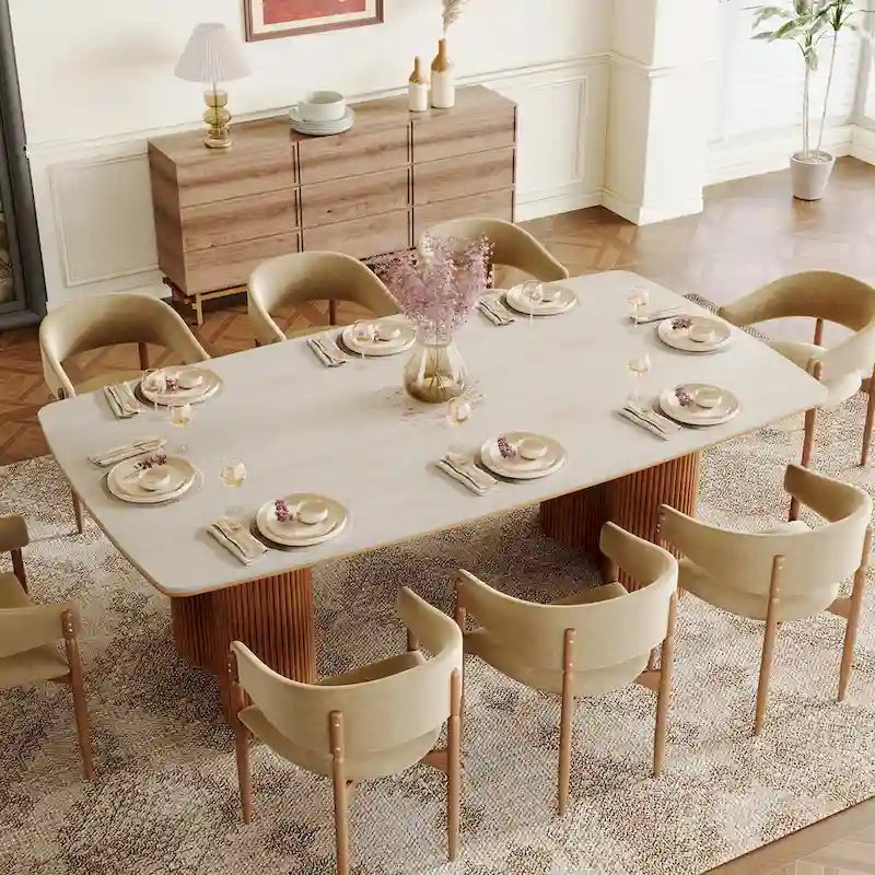 Table à manger rectangulaire en pierre frittée beige et noyer clair et bois massif, 8-10 places