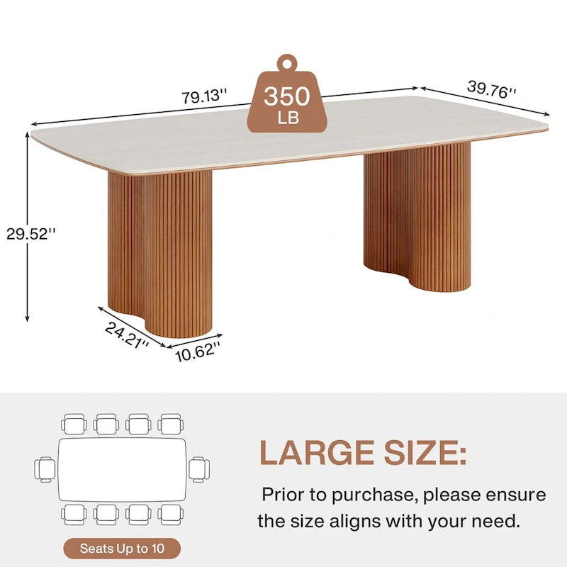 Table à manger rectangulaire en pierre frittée beige et noyer clair et bois massif, 8-10 places