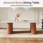 Table à manger rectangulaire en pierre frittée beige et noyer clair et bois massif, 8-10 places