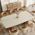 Table à manger rectangulaire en pierre frittée beige et noyer clair et bois massif, 8-10 places