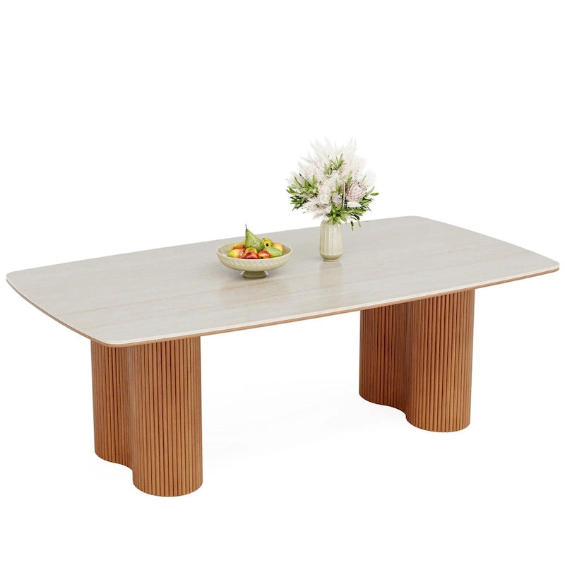 Table à manger rectangulaire en pierre frittée beige et noyer clair et bois massif, 8-10 places