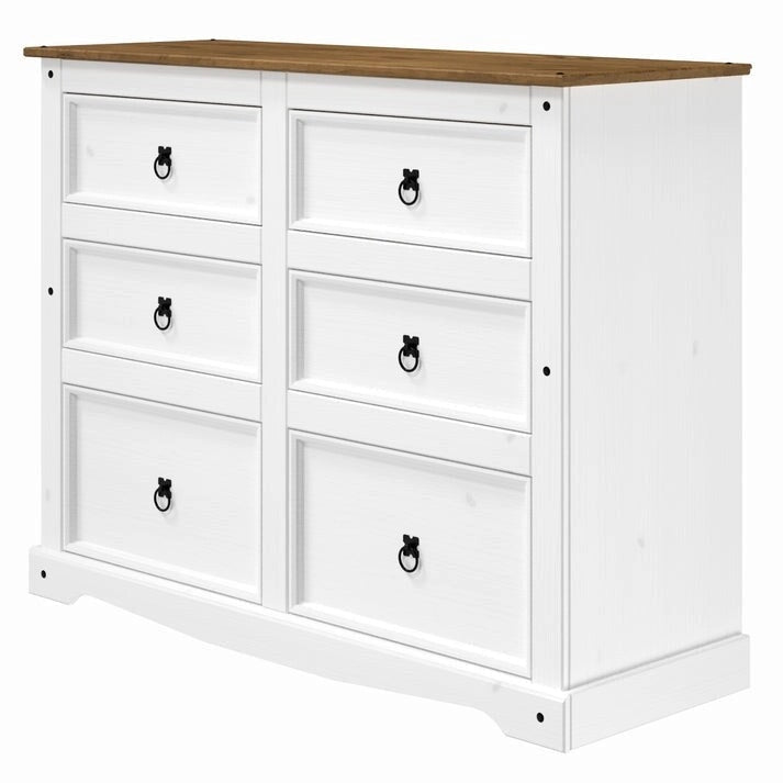 Commode 6 tiroirs en pin massif marron / gris / blanc, simple