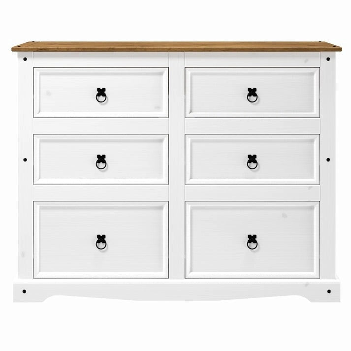 Commode 6 tiroirs en pin massif marron / gris / blanc, simple