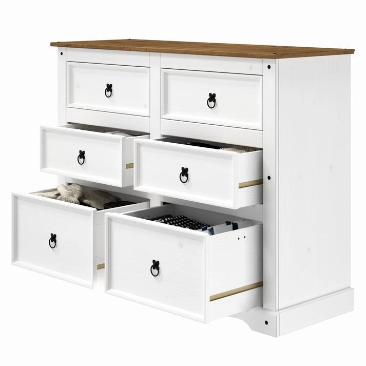 Commode 6 tiroirs en pin massif marron / gris / blanc, simple
