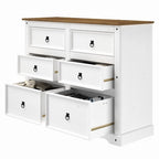 Commode 6 tiroirs en pin massif marron / gris / blanc, simple