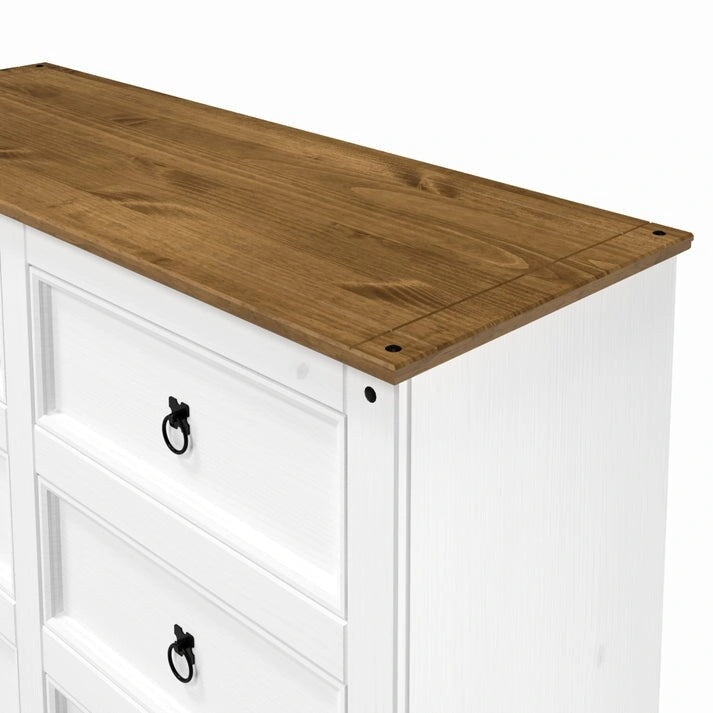 Commode 6 tiroirs en pin massif marron / gris / blanc, simple