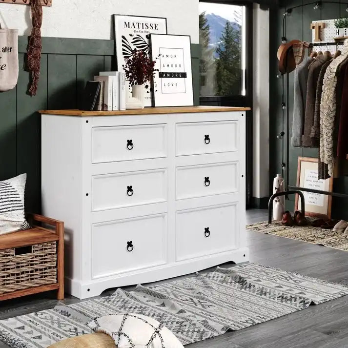Commode 6 tiroirs en pin massif marron / gris / blanc, simple