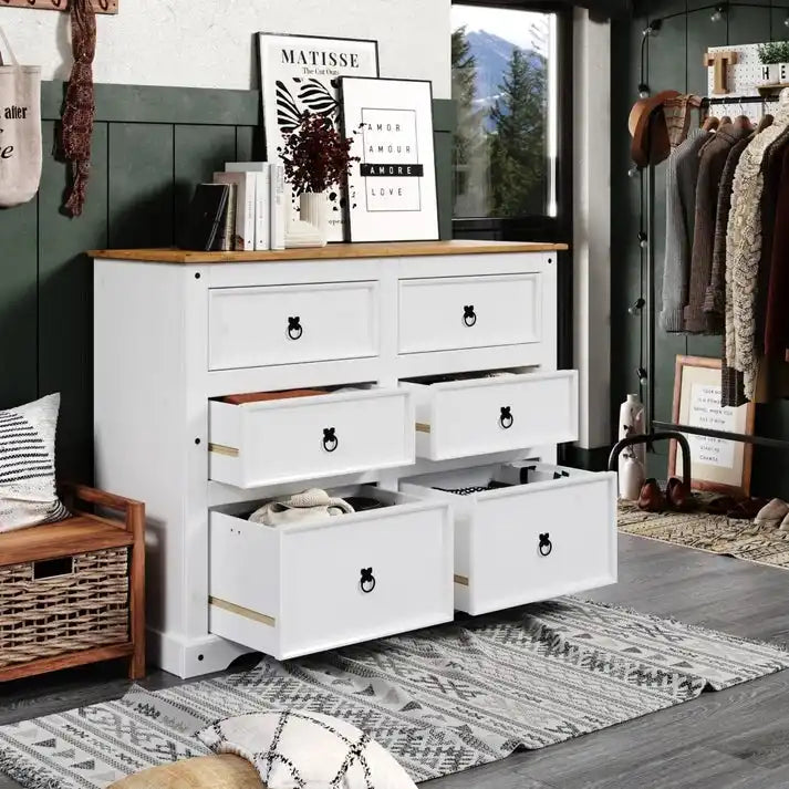 Commode 6 tiroirs en pin massif marron / gris / blanc, simple