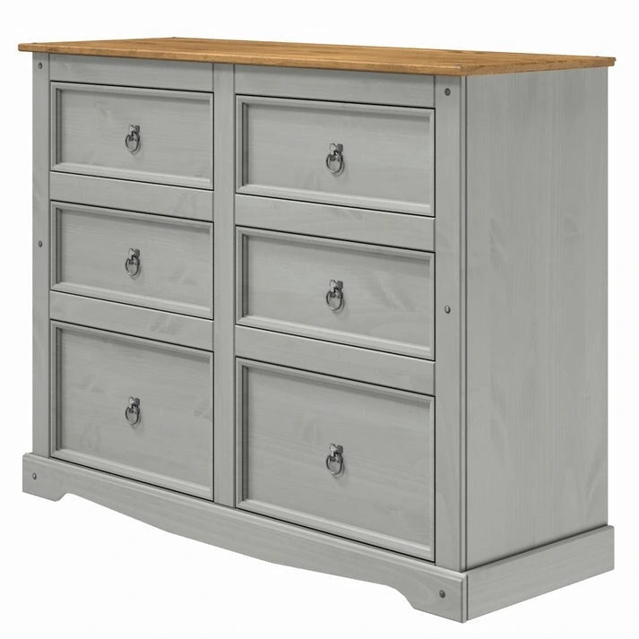 Commode 6 tiroirs en pin massif marron / gris / blanc, simple