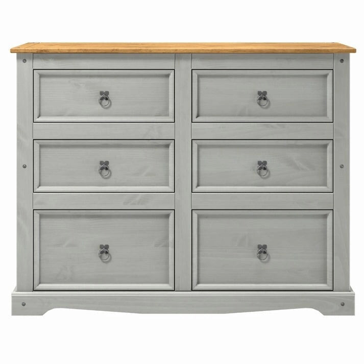 Commode 6 tiroirs en pin massif marron / gris / blanc, simple