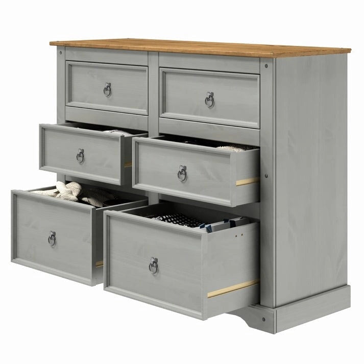 Commode 6 tiroirs en pin massif marron / gris / blanc, simple