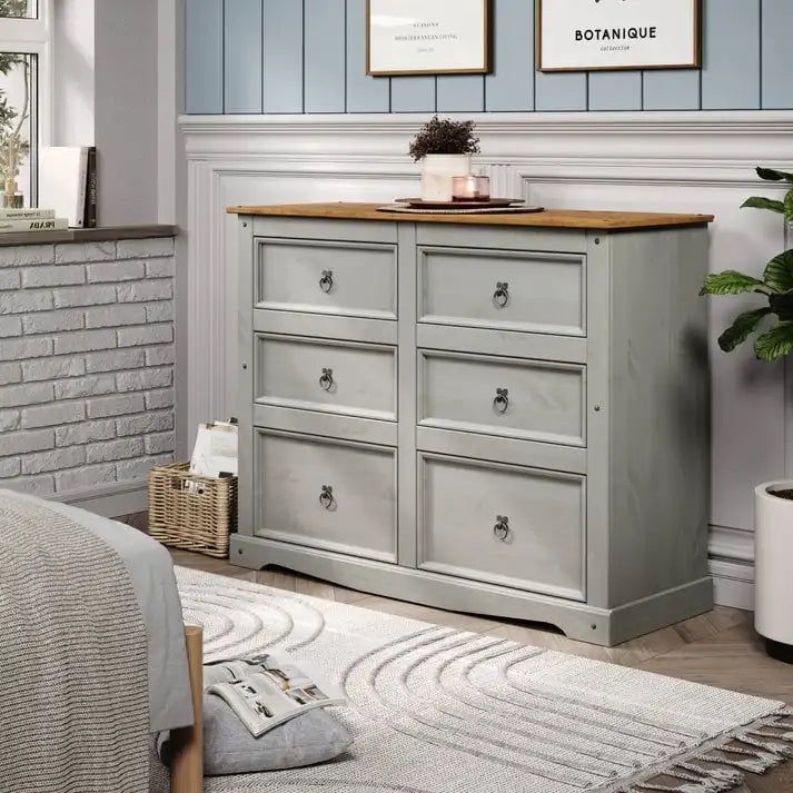 Commode 6 tiroirs en pin massif marron / gris / blanc, simple