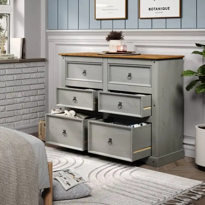 Commode 6 tiroirs en pin massif marron / gris / blanc, simple