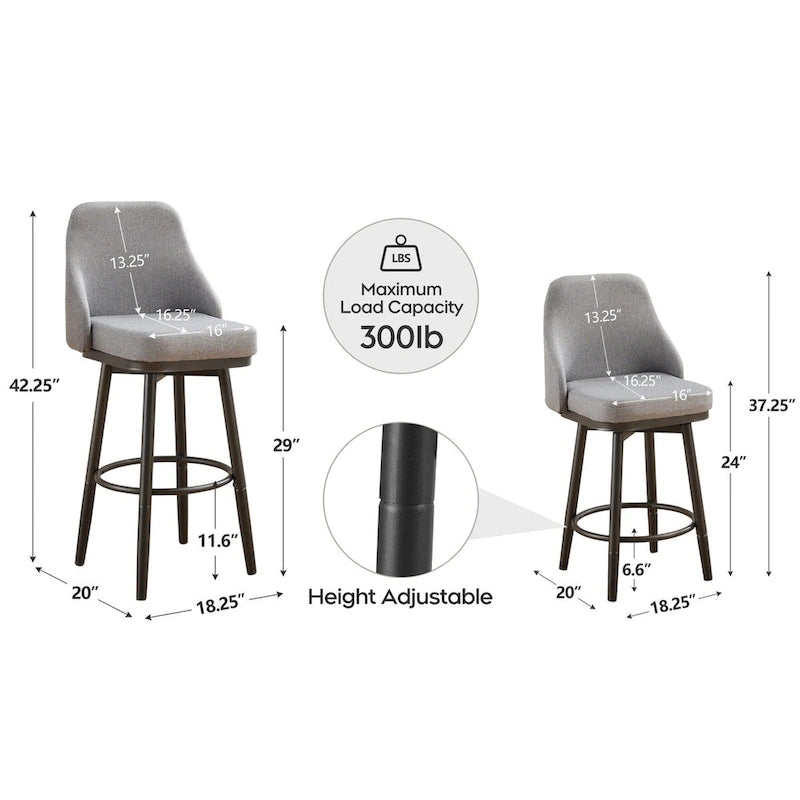 Tabouret de bar pivotant gris clair/gris foncé avec dossier – 2/4/6 pièces, hauteur réglable 24"–29"