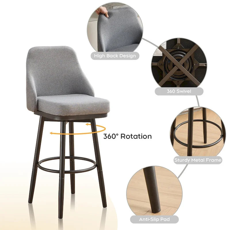 Tabouret de bar pivotant gris clair/gris foncé avec dossier – 2/4/6 pièces, hauteur réglable 24"–29"