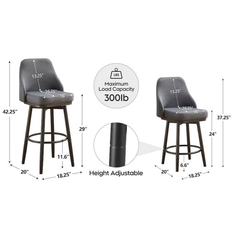 Tabouret de bar pivotant gris clair/gris foncé avec dossier – 2/4/6 pièces, hauteur réglable 24"–29"