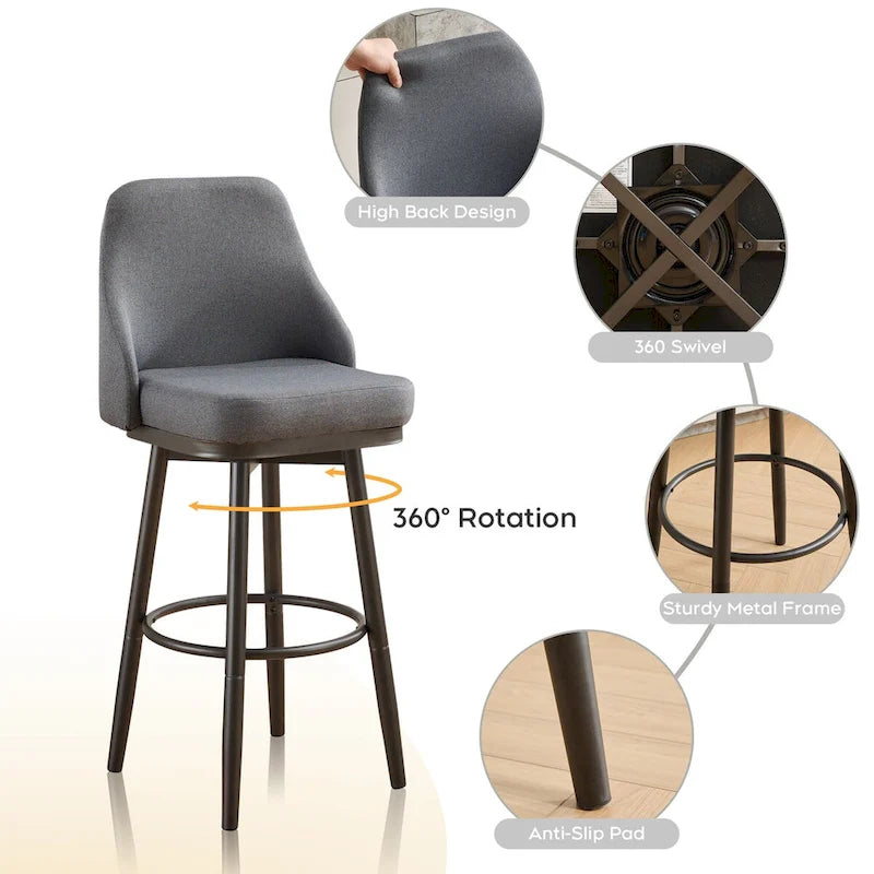 Tabouret de bar pivotant gris clair/gris foncé avec dossier – 2/4/6 pièces, hauteur réglable 24"–29"