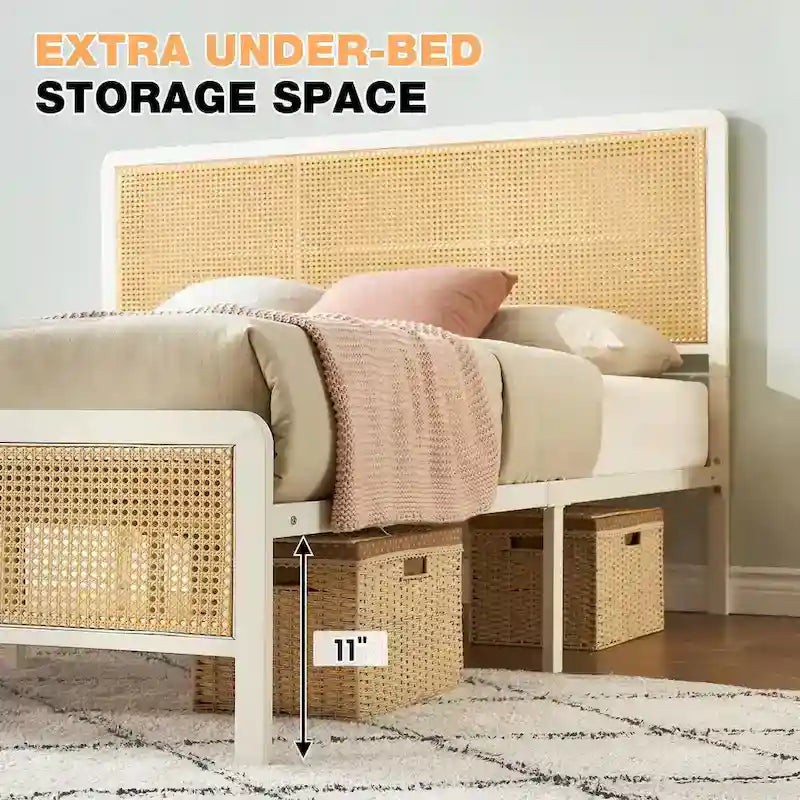 Cadre de lit en rotin marron, design bohème, grand lit/lit double, 2 personnes