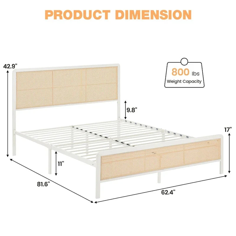 Cadre de lit en rotin marron, design bohème, grand lit/lit double, 2 personnes