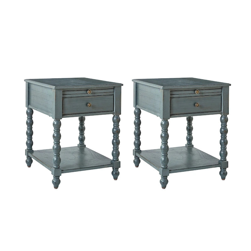 Table d'appoint de ferme en bois massif avec USB et prise électrique, bleu/noyer/gris anthracite, lot de 2