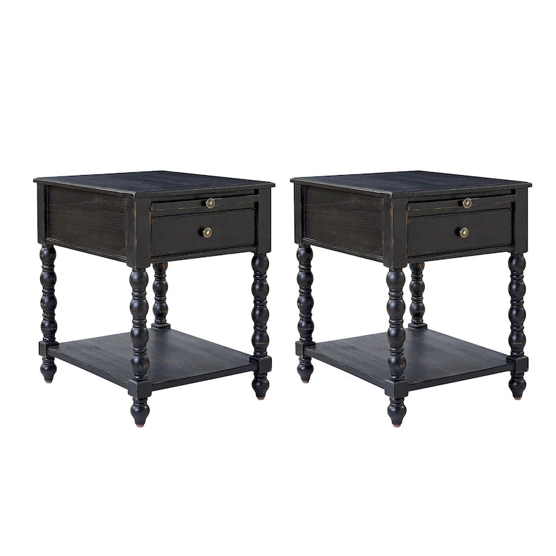 Table d'appoint de ferme en bois massif avec USB et prise électrique, bleu/noyer/gris anthracite, lot de 2