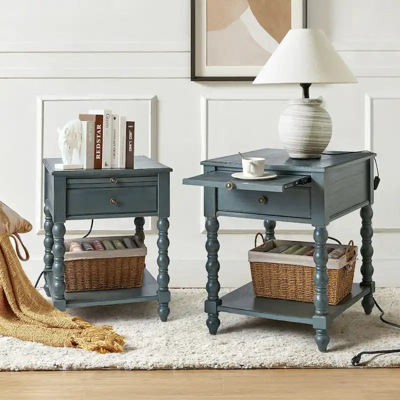 Table d'appoint de ferme en bois massif avec USB et prise électrique, bleu/noyer/gris anthracite, lot de 2