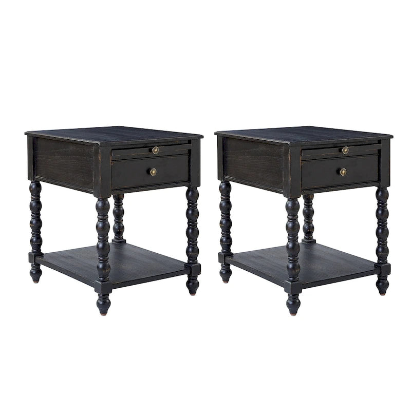 Table d'appoint de ferme en bois massif avec USB et prise électrique, bleu/noyer/gris anthracite, lot de 2