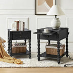 Table d'appoint de ferme en bois massif avec USB et prise électrique, bleu/noyer/gris anthracite, lot de 2