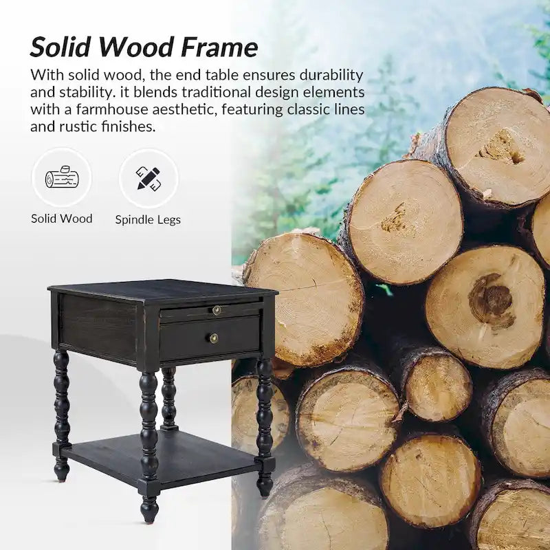 Table d'appoint de ferme en bois massif avec USB et prise électrique, bleu/noyer/gris anthracite, lot de 2