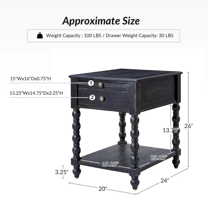 Table d'appoint de ferme en bois massif avec USB et prise électrique, bleu/noyer/gris anthracite, lot de 2
