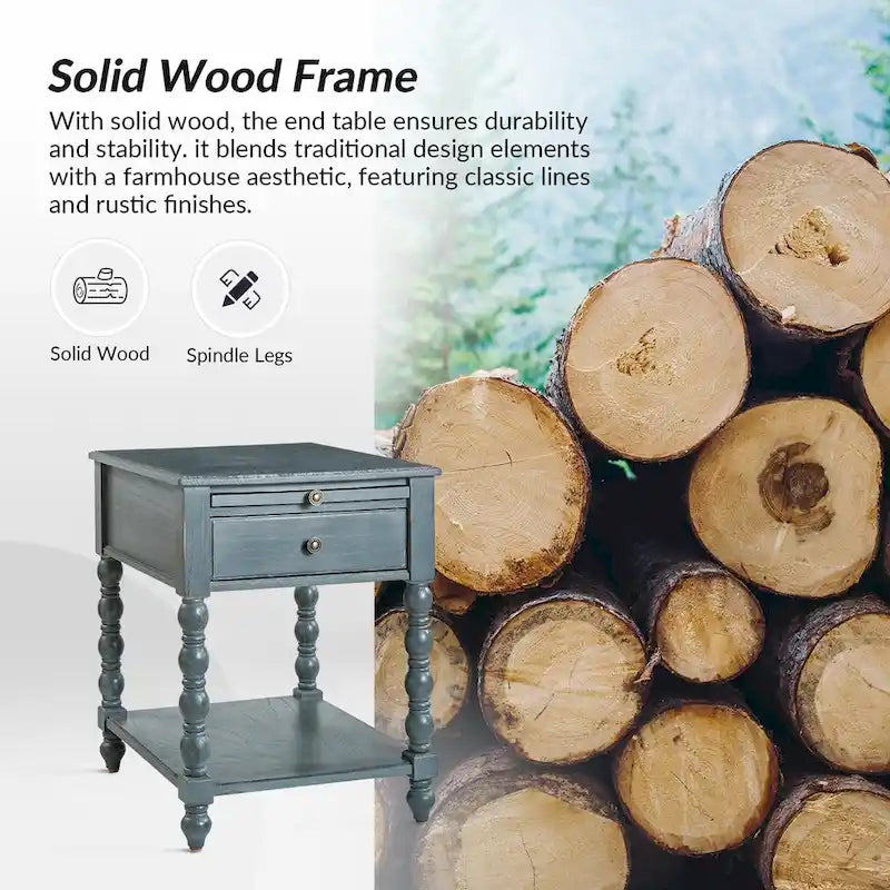 Table d'appoint de ferme en bois massif avec USB et prise électrique, bleu/noyer/gris anthracite, lot de 2