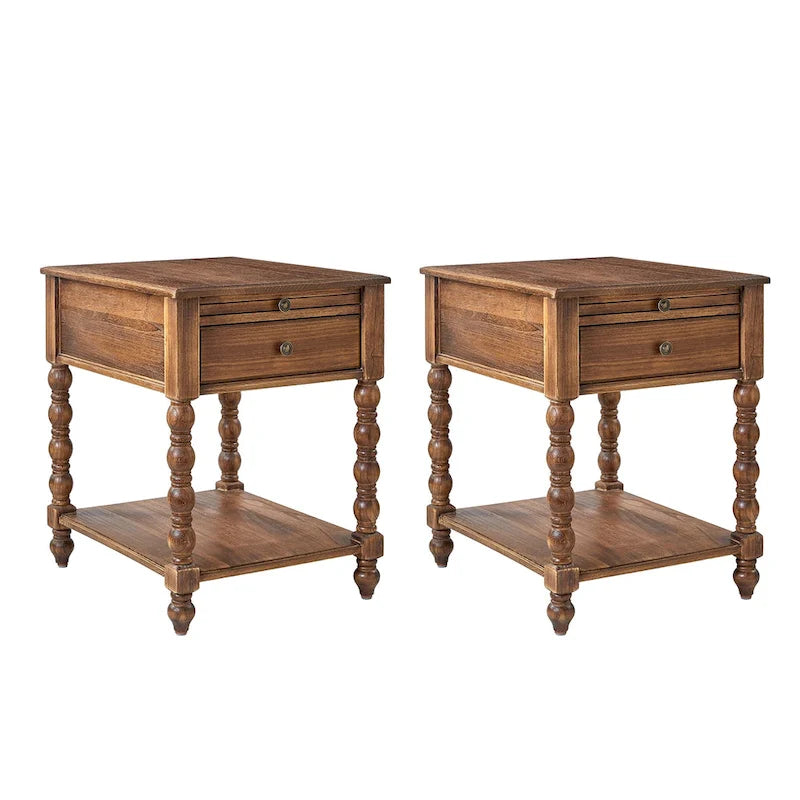 Table d'appoint de ferme en bois massif avec USB et prise électrique, bleu/noyer/gris anthracite, lot de 2