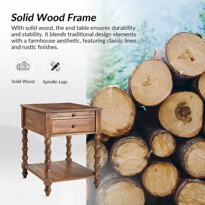 Table d'appoint de ferme en bois massif avec USB et prise électrique, bleu/noyer/gris anthracite, lot de 2