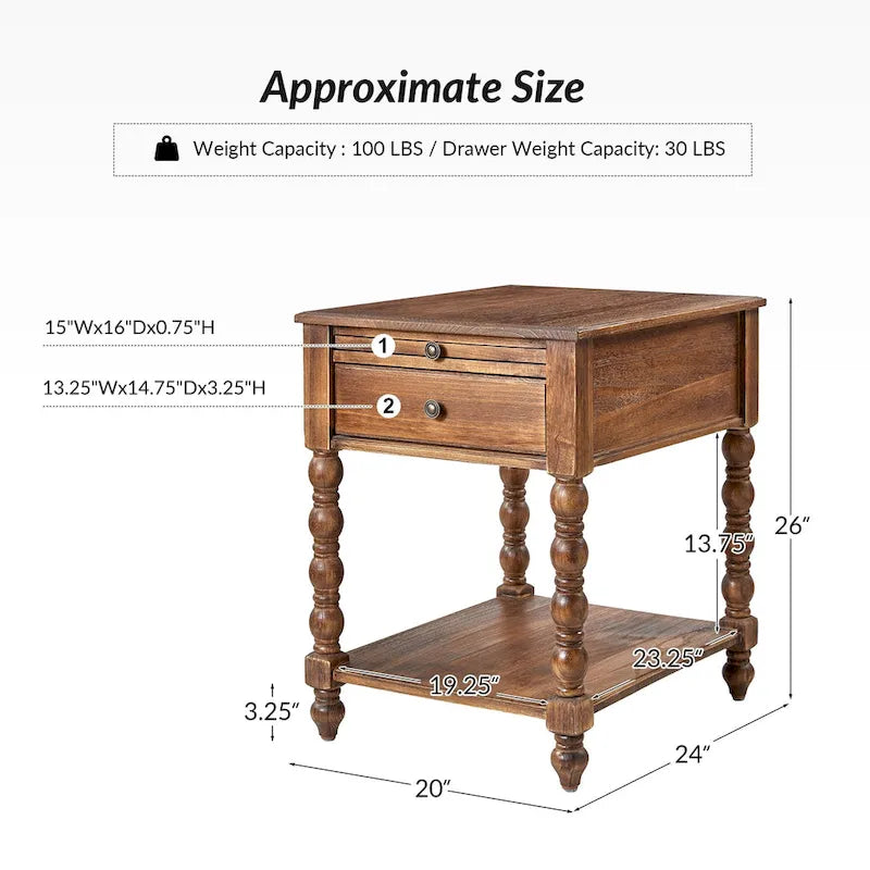 Table d'appoint de ferme en bois massif avec USB et prise électrique, bleu/noyer/gris anthracite, lot de 2