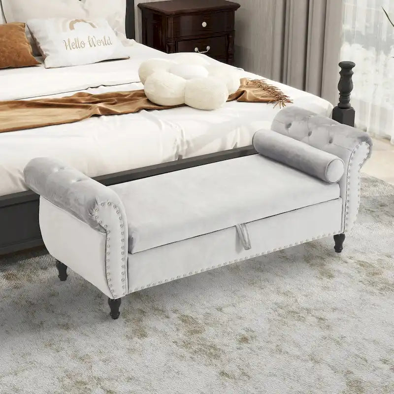 Banc de rangement ottoman en velours gris/beige/rose/bleu marine, une place, avec coussin