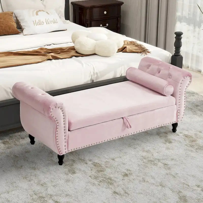 Banc de rangement ottoman en velours gris/beige/rose/bleu marine, une place, avec coussin