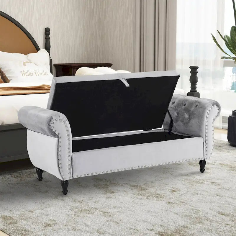 Banc de rangement ottoman en velours gris/beige/rose/bleu marine, une place, avec coussin