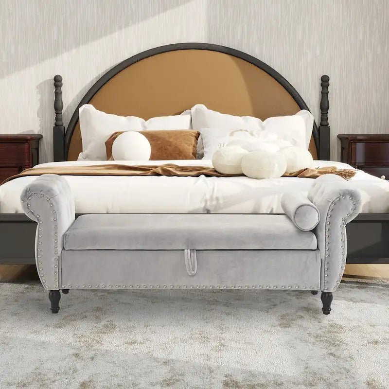 Banc de rangement ottoman en velours gris/beige/rose/bleu marine, une place, avec coussin