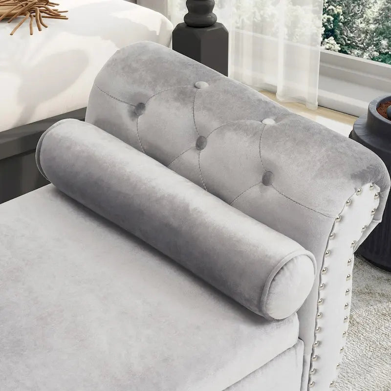 Banc de rangement ottoman en velours gris/beige/rose/bleu marine, une place, avec coussin