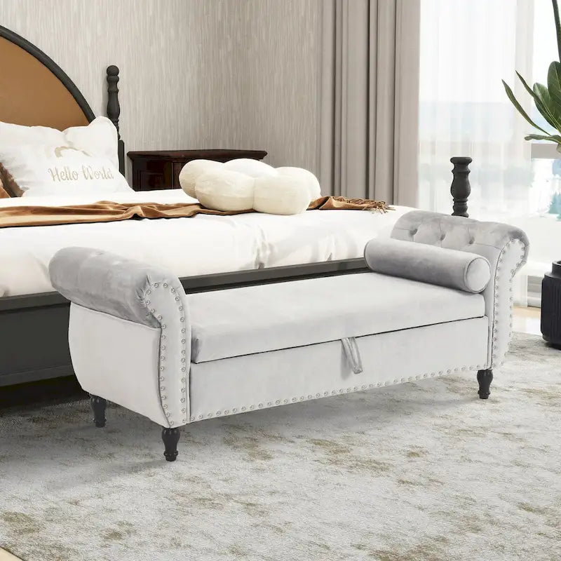 Banc de rangement ottoman en velours gris/beige/rose/bleu marine, une place, avec coussin