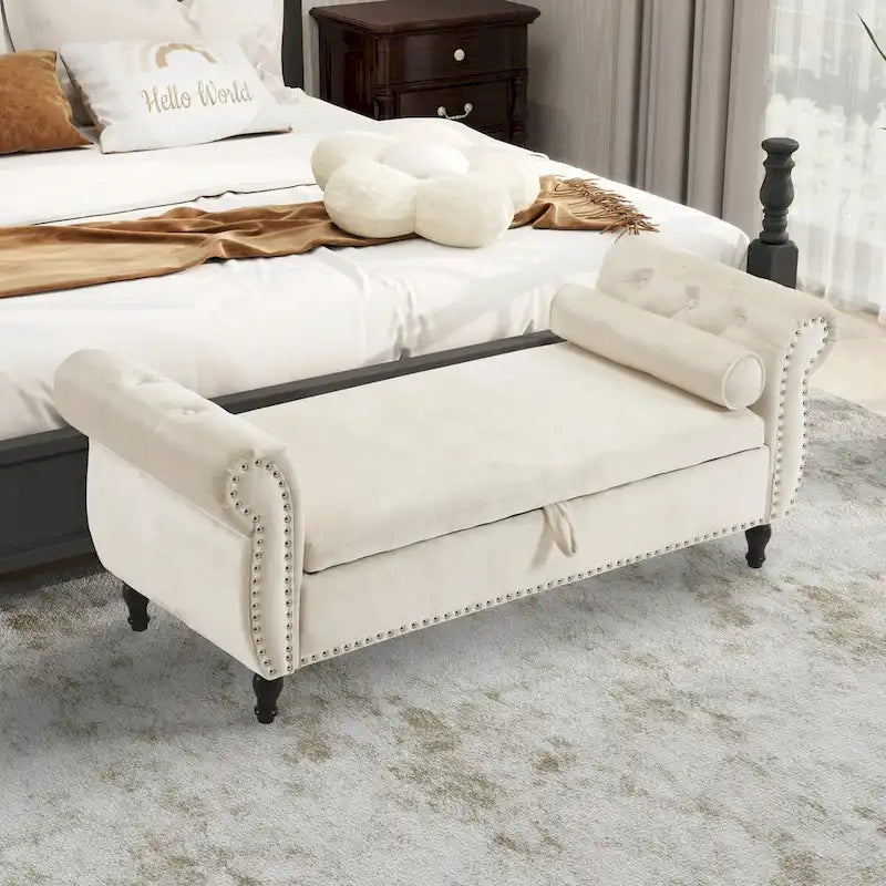 Banc de rangement ottoman en velours gris/beige/rose/bleu marine, une place, avec coussin