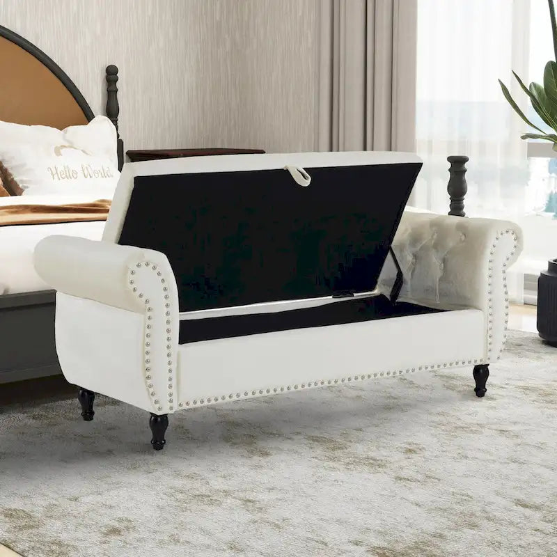 Banc de rangement ottoman en velours gris/beige/rose/bleu marine, une place, avec coussin