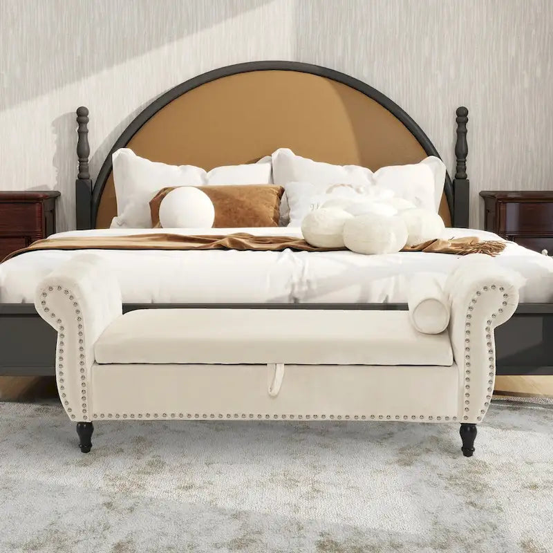 Banc de rangement ottoman en velours gris/beige/rose/bleu marine, une place, avec coussin