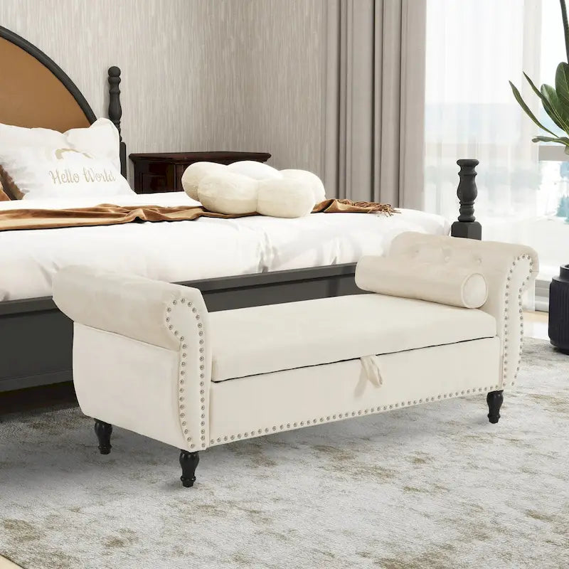 Banc de rangement ottoman en velours gris/beige/rose/bleu marine, une place, avec coussin