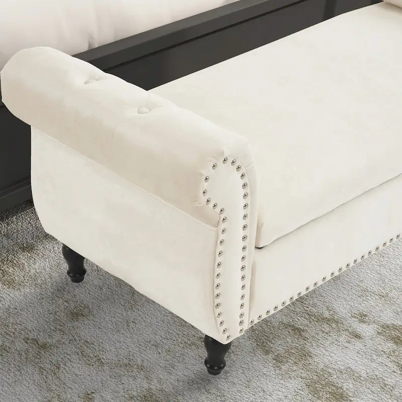 Banc de rangement ottoman en velours gris/beige/rose/bleu marine, une place, avec coussin