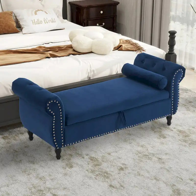 Banc de rangement ottoman en velours gris/beige/rose/bleu marine, une place, avec coussin