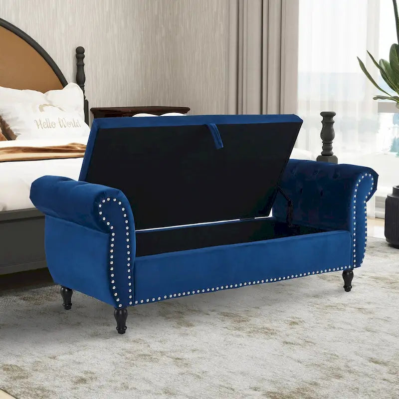 Banc de rangement ottoman en velours gris/beige/rose/bleu marine, une place, avec coussin