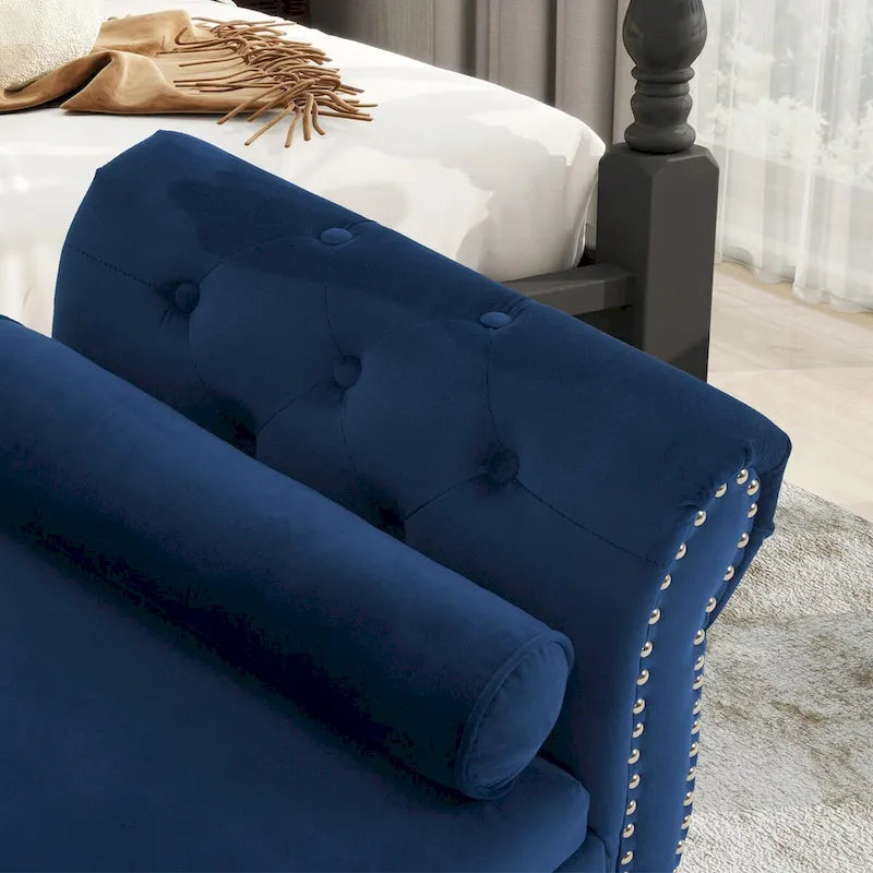 Banc de rangement ottoman en velours gris/beige/rose/bleu marine, une place, avec coussin