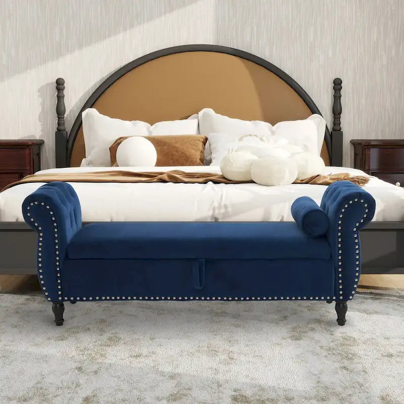 Banc de rangement ottoman en velours gris/beige/rose/bleu marine, une place, avec coussin